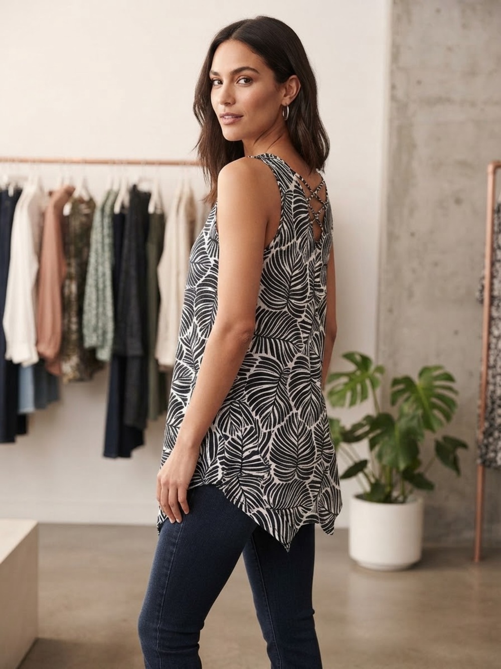 Leaf-Print Blue and White Crisscross Back Tank